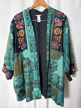 Soft Surroundings Teal Patchwork Embroidered Open Front Cape